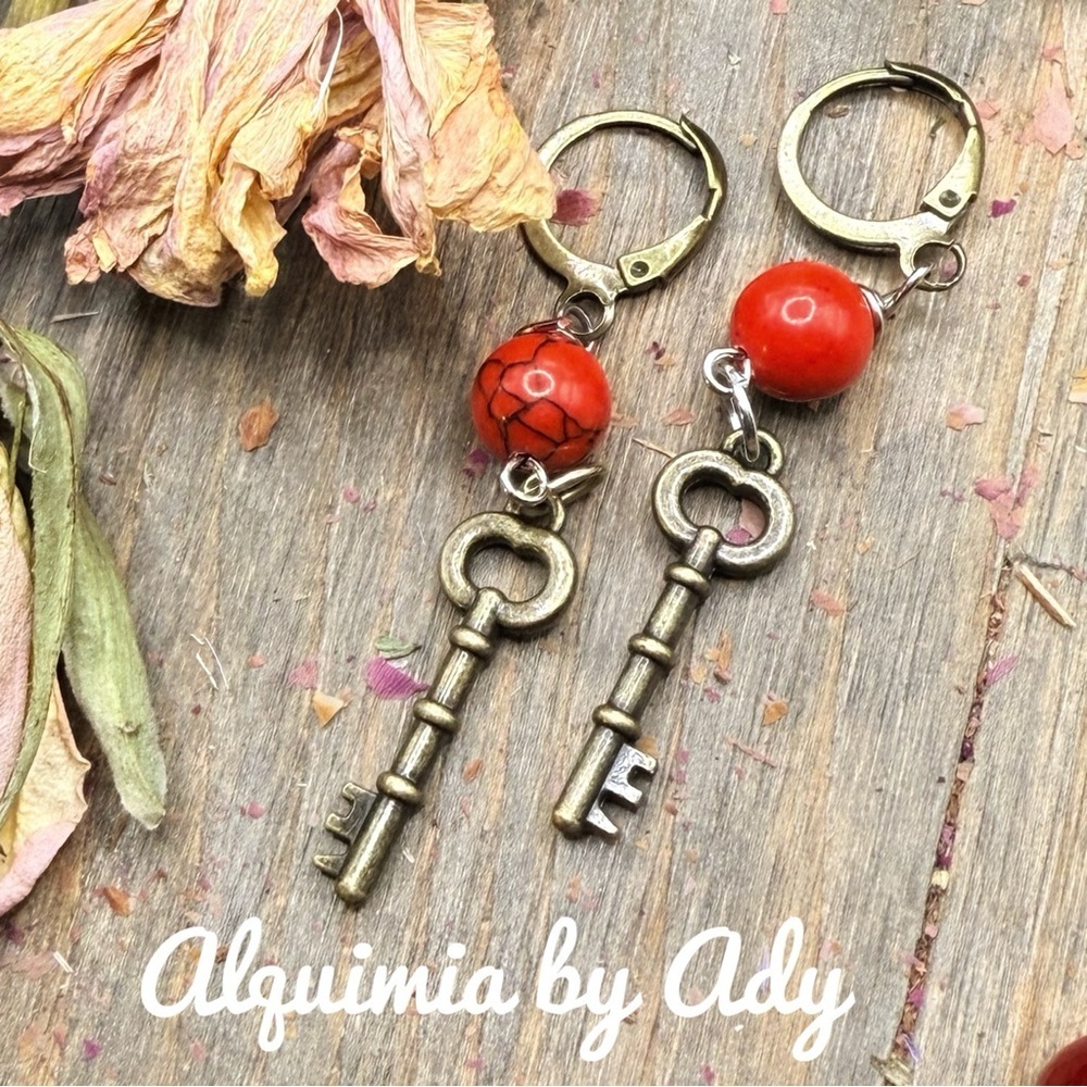 Red turquoise earrings +Brass Long key dangles